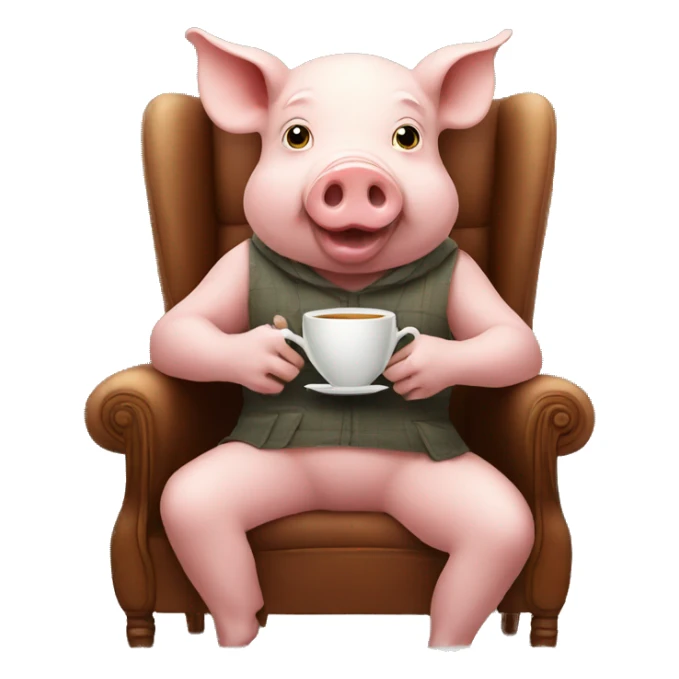 pig drinking tea looking at camera sitting in a chair sticker