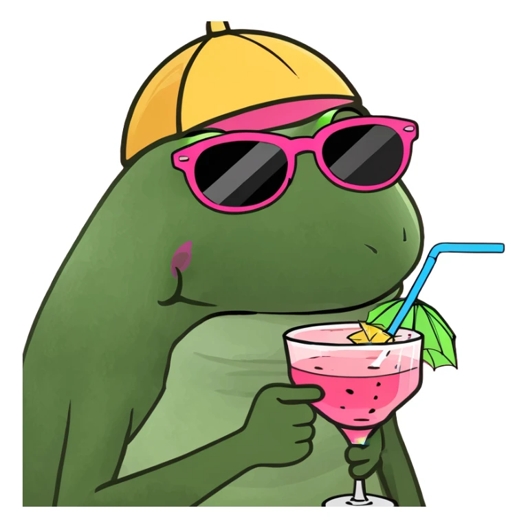 bufo frog with a colorful umbrella hat, wearing oversized sunglasses, holding a pink cocktail with a straw sticker