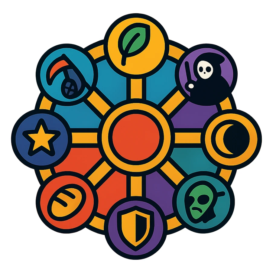 a mystical wheel with eight spokes, each spoke ending in a unique icon: life represented by a leaf, death represented by a grim reaper, darkness represented by an eclipse, plague represented by a mask, war represented by a shield, hunger represented by bread, dreams represented by a star, destiny represented by a spinning wheel; magical artifact illustration sticker