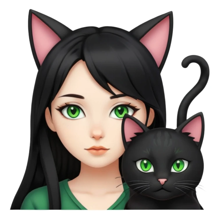 digital artist girl with green eyes, black long hairs, cat ears sticker
