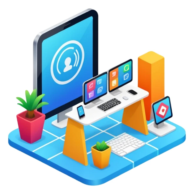 isometric, image of modern user experience with mobile, desktop portal, kiosk etc sticker