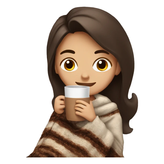 A brunette girl being cozy with a blanket and a cup of hot chocoate sticker