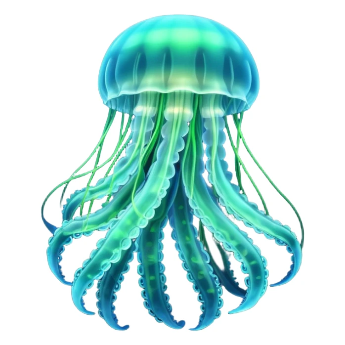 3D render of Jellyfish, bioluminescent deep sea style, glowing neon blue and green lights, dark background to contrast the glow, translucent organic textures. sticker