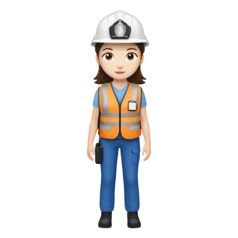 Brunette brown Girl full body standing with her white security helmet and security vest that fits her large on, also with her black backpack. Full body sticker