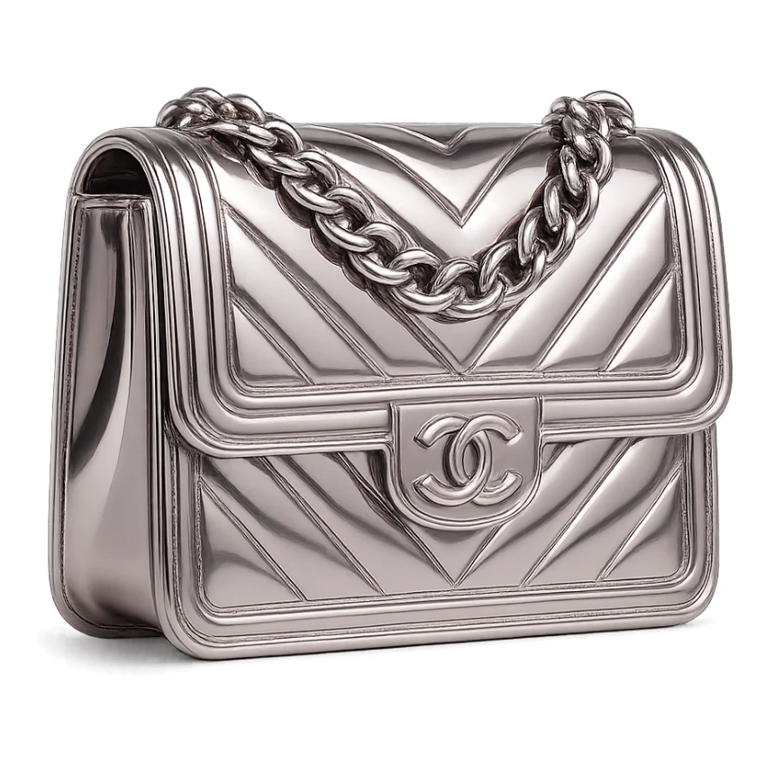 pink Chanel purse, chrome style, shiny metallic finish, modern and sleek sticker