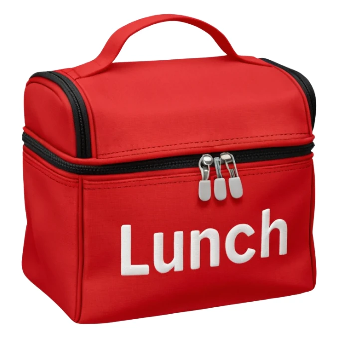 red lunch bag with the word lunch on it sticker