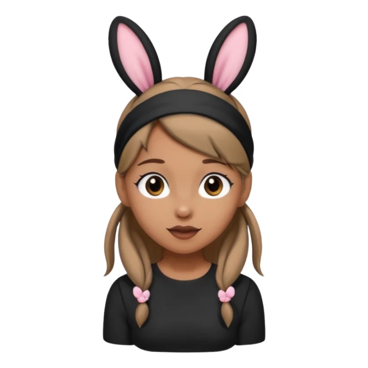 "A tan-skinned person with a high brown ponytail wearing a headband with black bunny ears. The character is dressed in a stylish black outfit. The emoji style should be cute, expressive, and modern — simple but detailed enough to show the ponytail, bunny ears, and outfit clearly." sticker