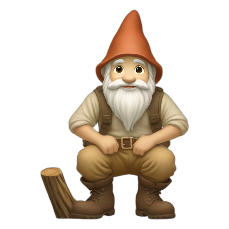 side view of gnome with light tan pants and light tan boots squatting next small brown log sticker