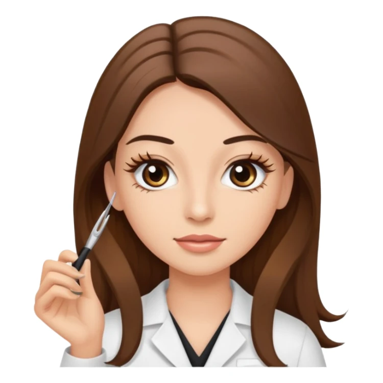 Eyelash technician holding tweezers and long brown hair sticker