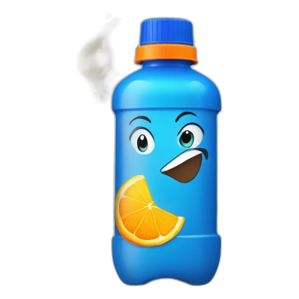 plastic bottle with blue cap, and detitle being SLAP in blue color with a yellowish cartoony fire on the background and the juice being orange sticker