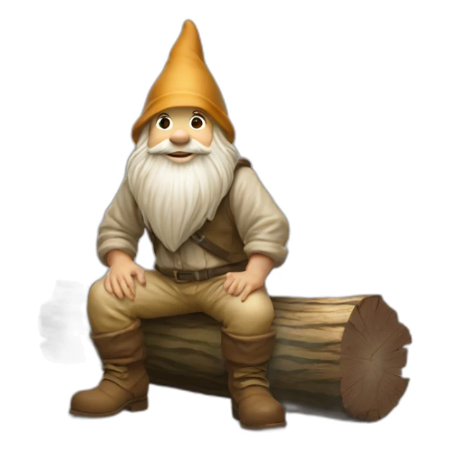 side view of gnome with light tan pants and light tan boots squatting in front of small brown log sticker