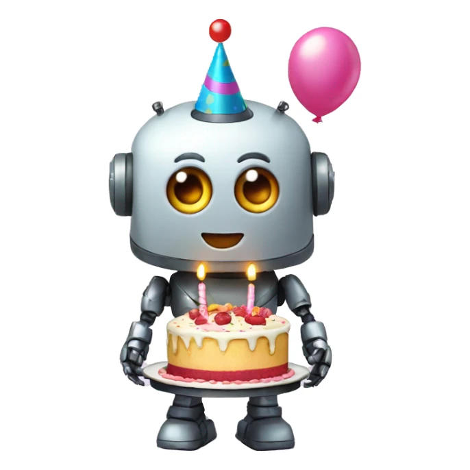 funny birthday robot with cake and a balloon sticker