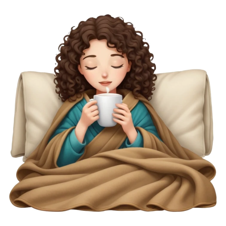 Brunette Curly girl inside a blanket sipping coffee eyes closed sticker