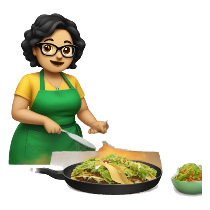 chubby lady with black hair green apron  with glasses cooking tacos sticker