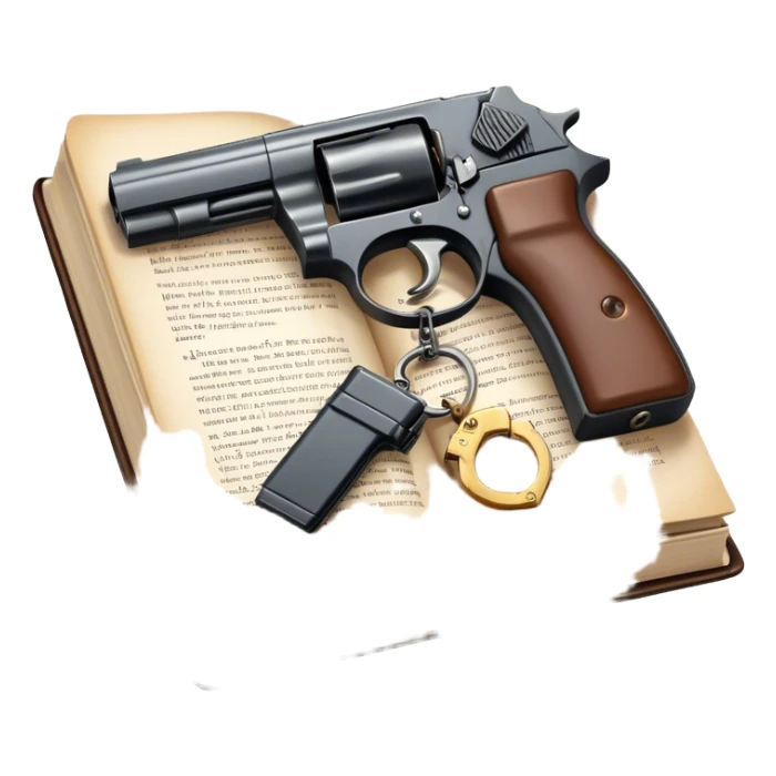 Icon for Action & Crime Reading: an open book with action-packed scenes, featuring a gun, handcuffs, a detective's badge. The icon should capture the tension and excitement of crime and action stories. Transparent background. sticker