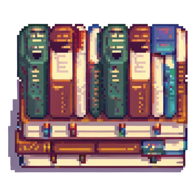 a pile of textbooks, pixel art style sticker