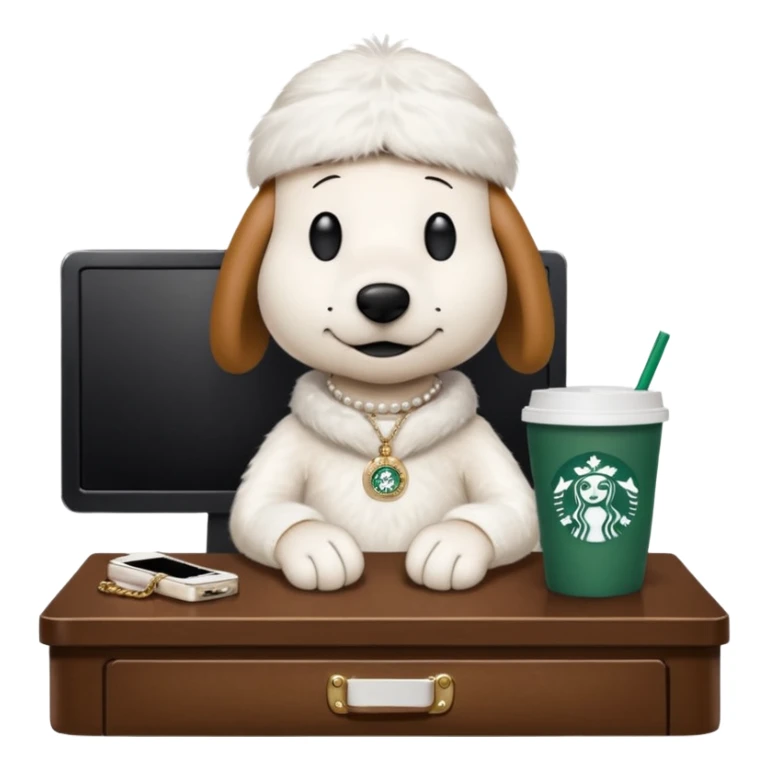snoopy in a desk with starbucks and his chanel purse sticker
