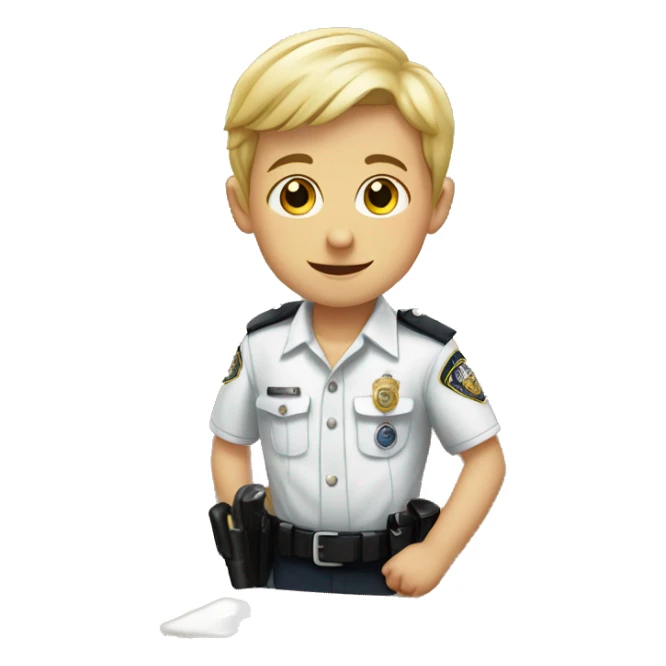 boy in white shirt indoors with police uniform sticker