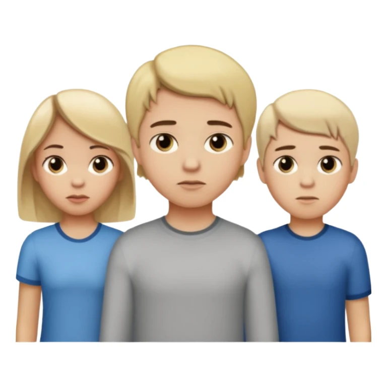  iOS emoji style.
A girl holding hands with two boys at the same time,one boy si brunette the other blonde, one on each side.
The girl has a suspicious, guilty expression, slightly turned eyes.
The boys look neutral and unaware.
 smooth gradients, rounded shape sticker