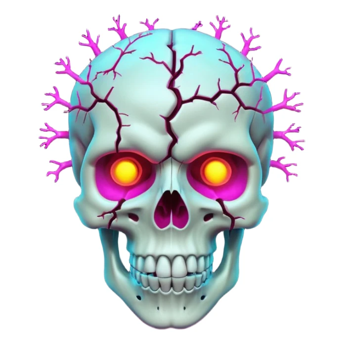3D skull with cracked open brain glowing neon inside, dark phonk vibe, intense attitude sticker