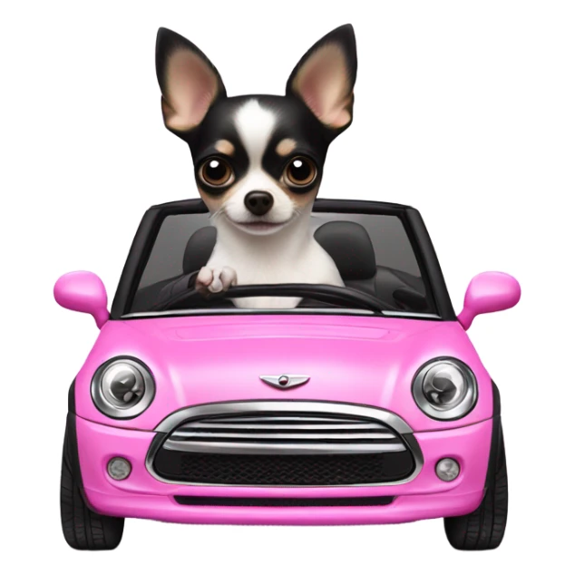 Black and white Chihuahua driving pink mini cooper convertible  sticker