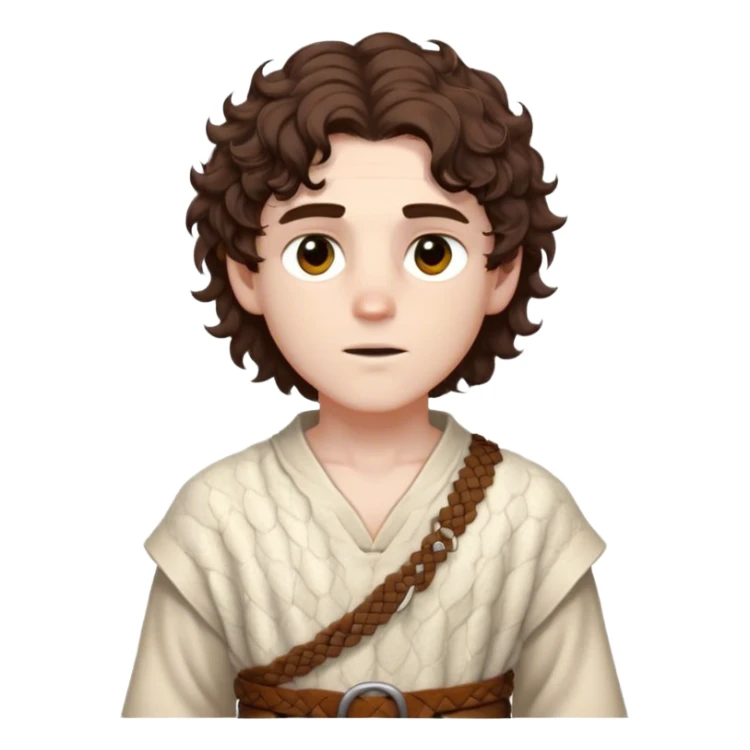 Medieval spring outfit worn by a DnD themed fantasy male character. Natural undyed wool tunic with subtle honeycomb pattern weaving, secured by a braided leather belt with bone toggles. Clothes only above the waist, full waist coverage. The character has no arms. Character is white-skinned with rich brown hair, amber eyes, and short curly hair with a slight windswept look. sticker
