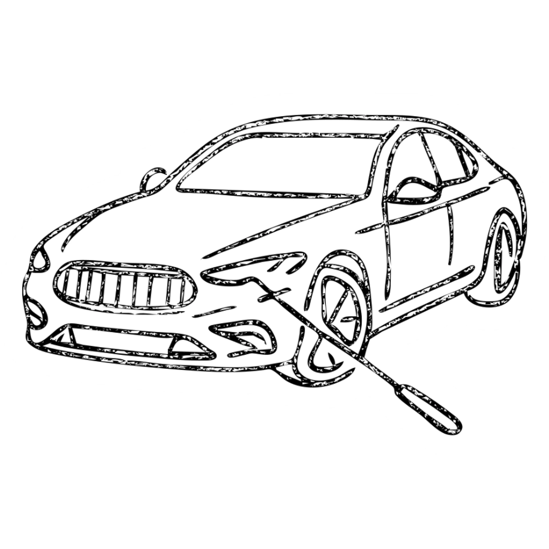 hand-drawn outlined icon of a high-end car with a rod tool touching a dent, matte black, fine silver lines, minimal sticker