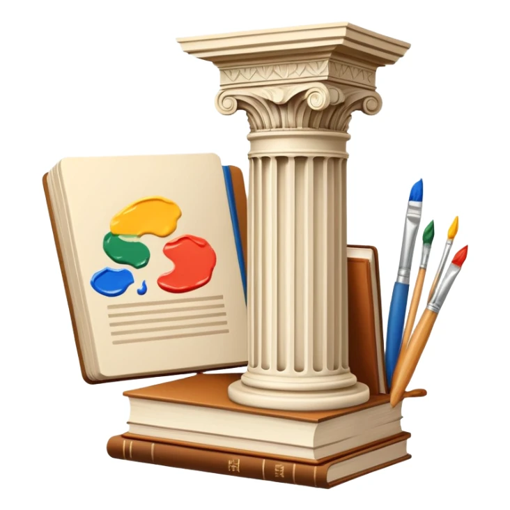 An icon featuring a paint palette, a sculpture, and a book, symbolizing the study of culture and art. The design includes a classical column and a canvas, representing art history and cultural exploration. Transparent background highlights the connection between creativity and history. sticker