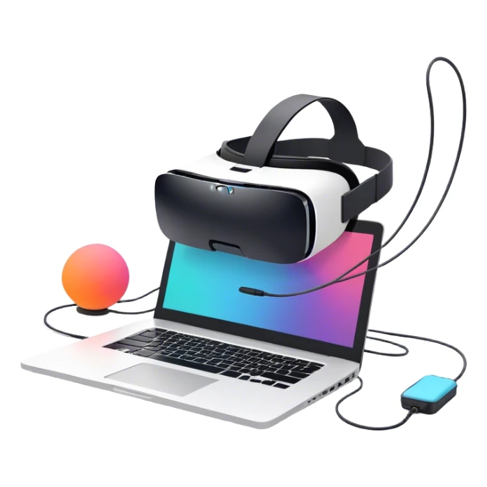 VR headset lying next to a laptop, connected by wires. On the laptop screen, a VR/AR modeling program is open. Floating 3D models or virtual objects. Modern, tech-inspired colors. No emojis or smiley faces. Transparent background sticker