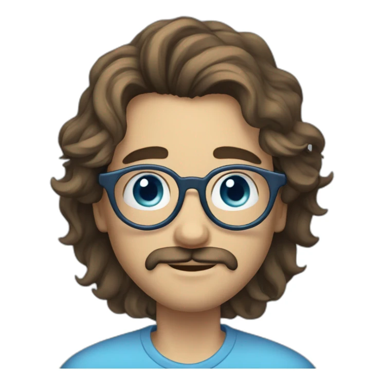 30 years old guy, with round glasses, blue eyes, long wavy hair, moustache circular glasses sticker