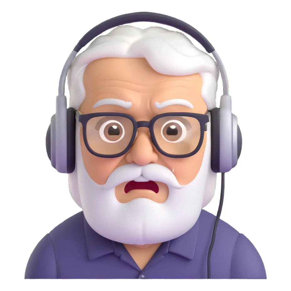 Brown old man with medium white hair, wearing glasses and headphones, looking surprised and angry, no facial hair, chubby, looking to the upper left corner sticker