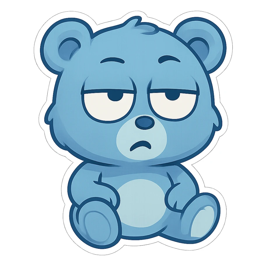 blue teddy bear rolling its eyes, chibi style, exaggerated expression sticker