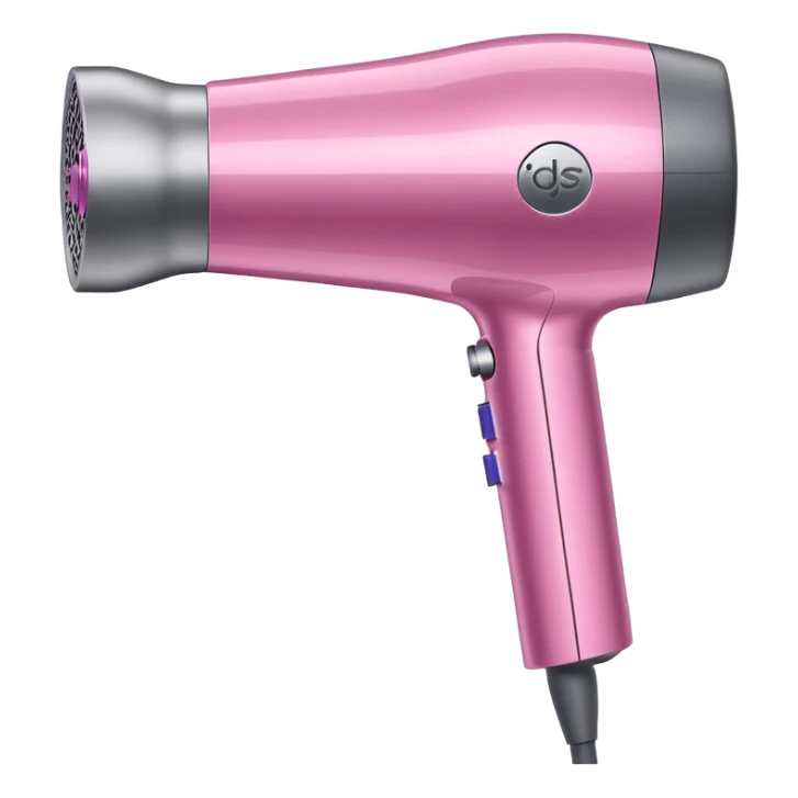 pink Dyson Supersonic hair dryer, side angle, realistic style, Features distinctive hollow circular head with the barrel running through the center, sleek modern design, glossy pink finish with metallic silver accents on the nozzle ring. Compact proportions , clean lines, slight shading. Grey Nozzle sticker