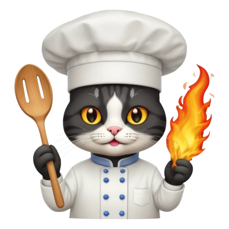 black chef cat wearing a tall white chef hat, burning hat sticker