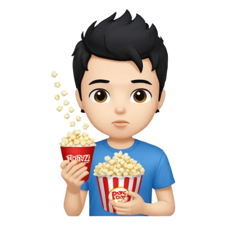 generate a pretty fair bratz boy with a blue tshirt on. eating popcorn. messy black hair sticker