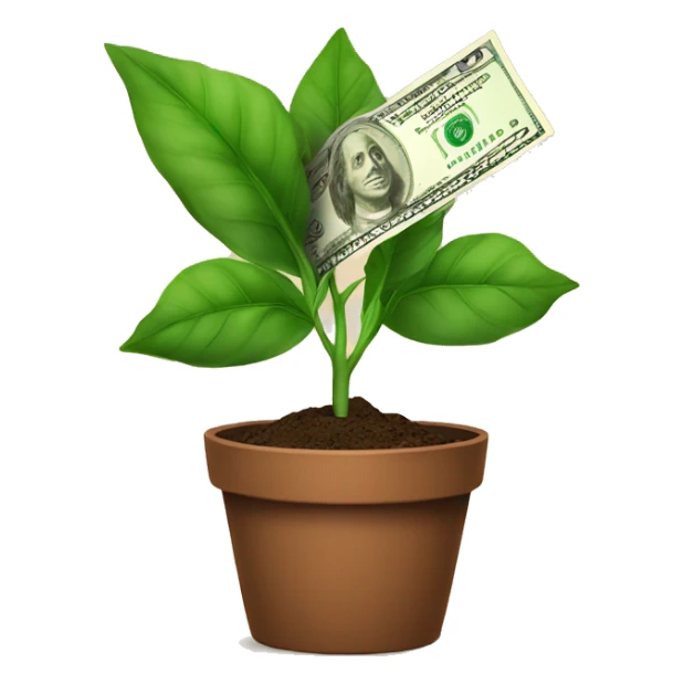 a plant in a brown pot growing dollar bills as the tree sticker