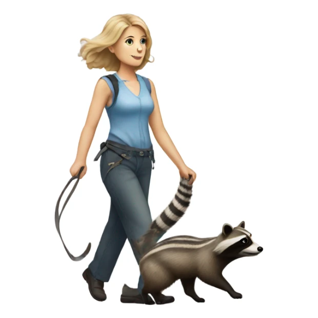 White woman walking a raccoon like a dog sticker