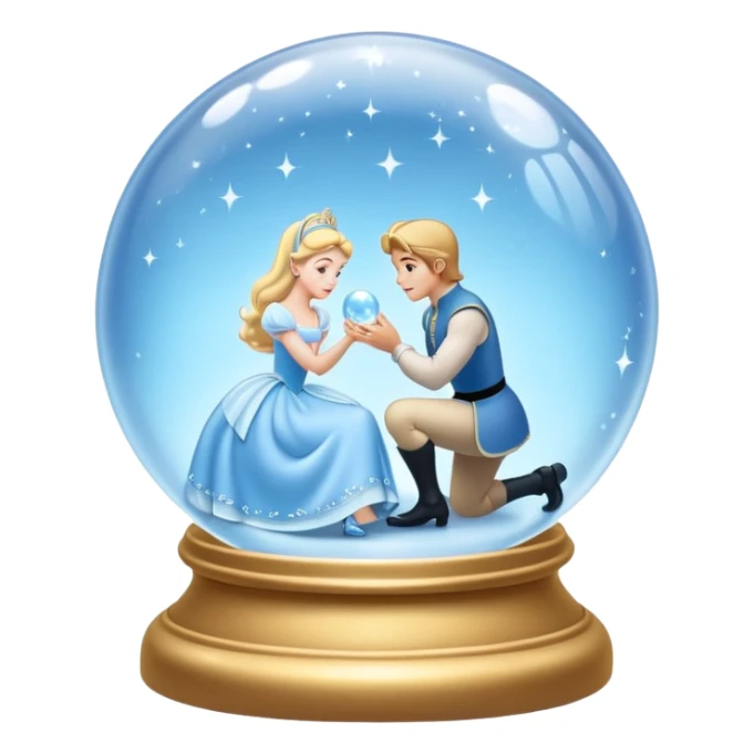 Hyperrealistic shiny crystal ball, ultra detailed,  displaying a realistic romantic disney scene, from Cinderella and her prince in the classic color scheme from the hyperrealistic disney movie, soft lighting, soft glow, very high quailty, not blurry, no emoji icons, no emoji faces sticker