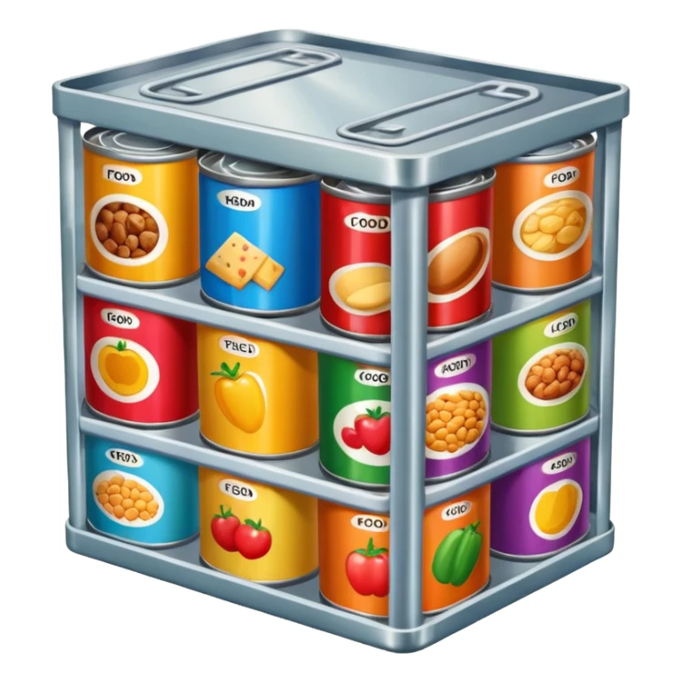 a box labeled food filled with canned food sticker