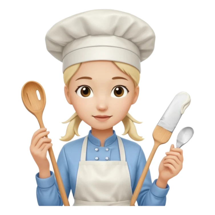 Young female pastry chef - single ponytail, apron, wearing a white hat, holding a cream piping bag sticker