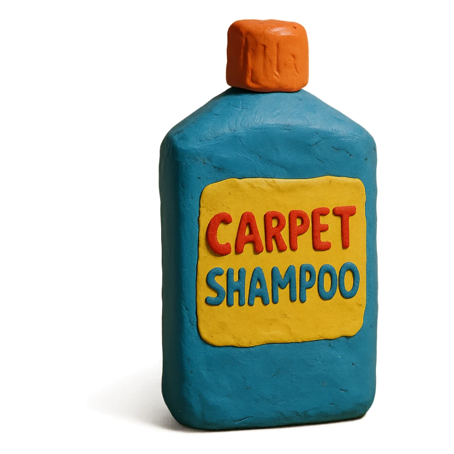 bottle of carpet shampoo with bright label and visible fingerprints, claymation style sticker