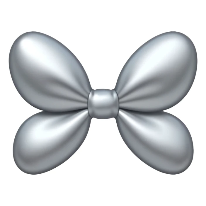 A cute bow emoji made of polished silver chrome, smooth rounded loops, glossy metallic surface, soft mirror reflections, subtle highlights, minimal and adorable proportions, iOS emoji style, centered composition, clean white background, soft studio lighting, no text, no outline, ultra high quality sticker