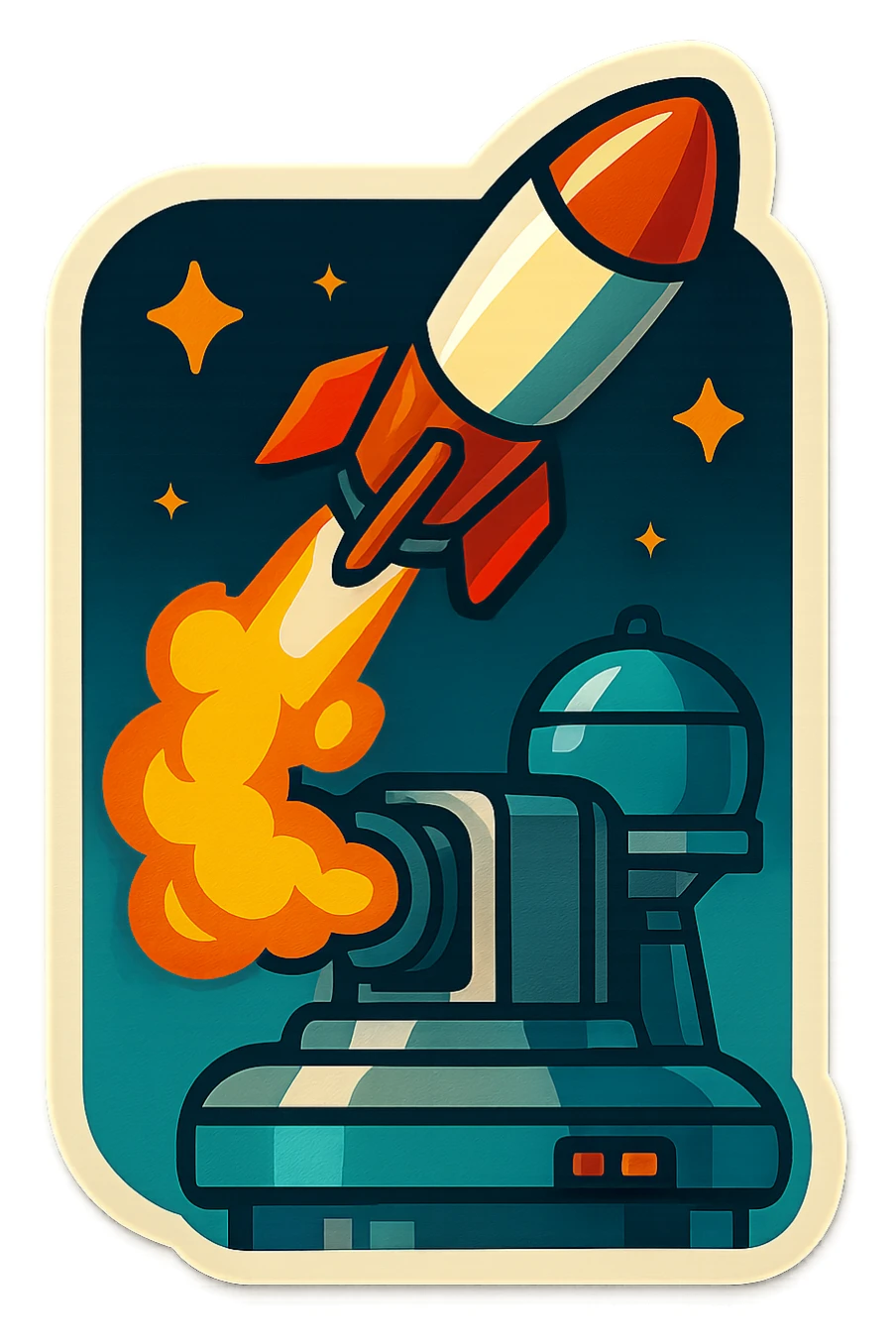 missile battery on a space station launching a missile, retro stickers style, with stars in the background sticker
