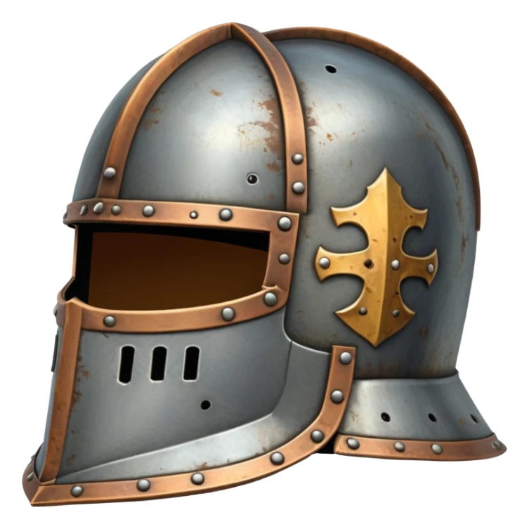 antique medieval knight helmet with light rust patches and weathered metal sticker