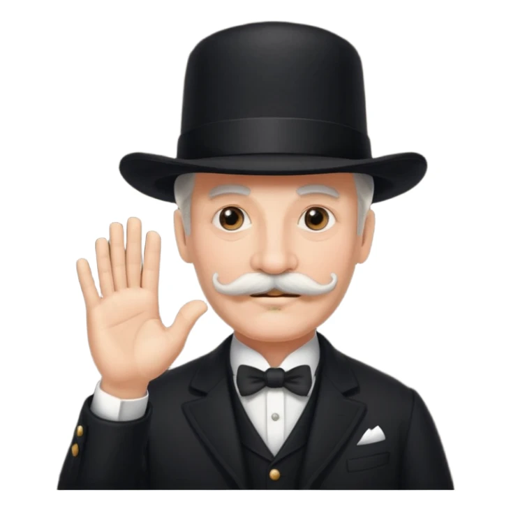very big white moustachhe and typical 1900 black elegant clothes and hat . politician pose uses hands sticker