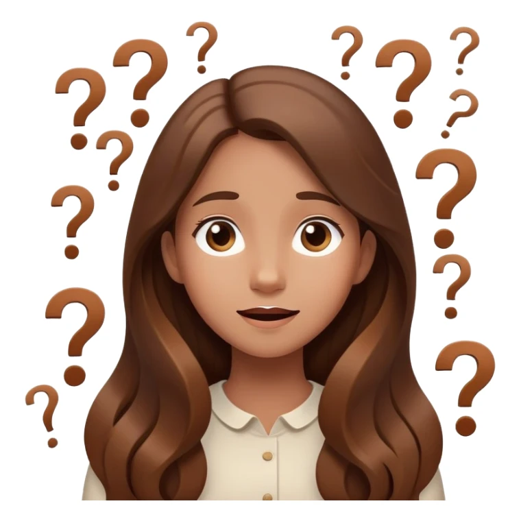 Happy Confused girl with long brown hair surrounded by floating question marks elegant cute  sticker