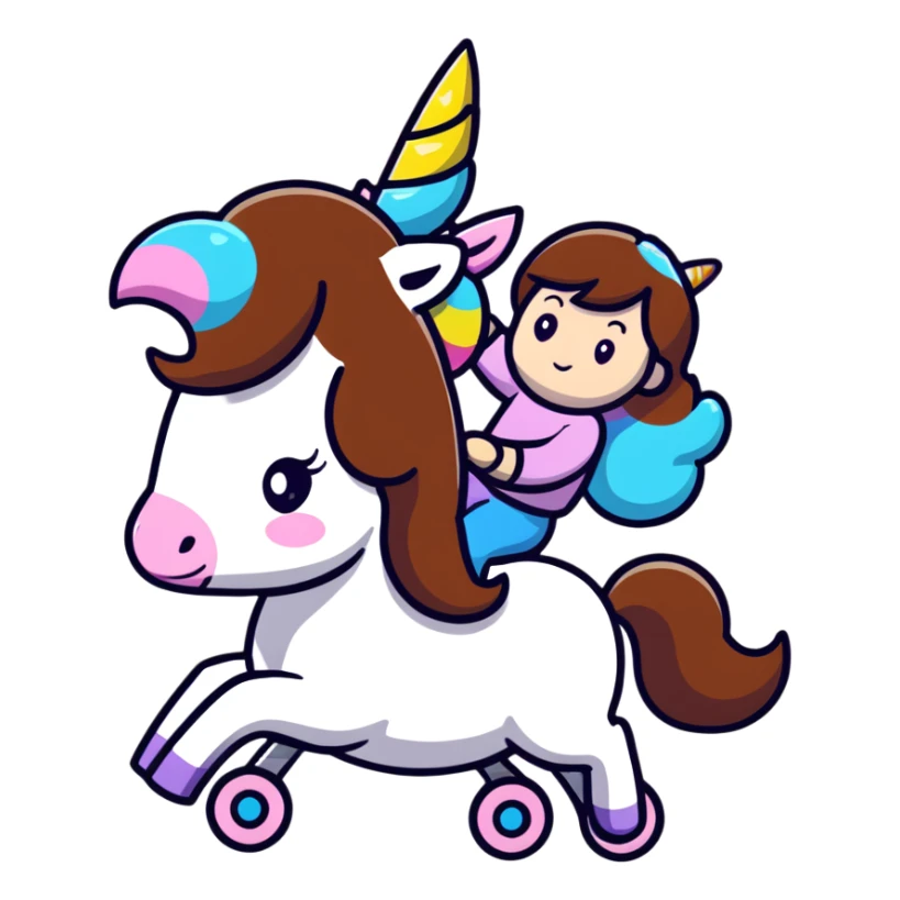 short girl with long brown hair riding a unicorn sticker