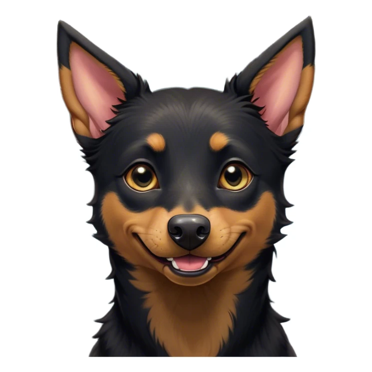 Cinematic Comical Black and Tan Kelpie Portrait Emoji, Head tilted dramatically with an exaggeratedly amused expression, featuring a striking black Fur with bold tan patches, wide, expressive dark eyes filled with playful disbelief, Simplified yet hilariously expressive features, highly detailed, glowing with a slightly sassy glow, high shine, dramatic yet playful, stylized with an air of cheeky mischief, bright and endearing, soft glowing outline, capturing the essence of a spirited and over-the-top herder, so meme-worthy it feels like it could side-eye its way into internet fame instantly! sticker