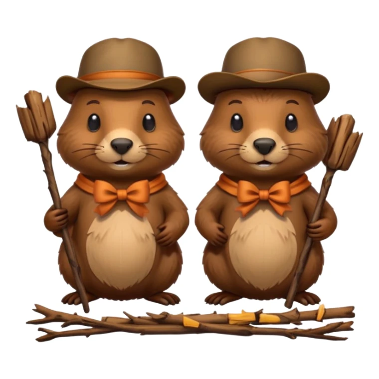 add a bow on the head of one beaver with another beaver without a bow on its head in a lodge of sticks and logs sticker