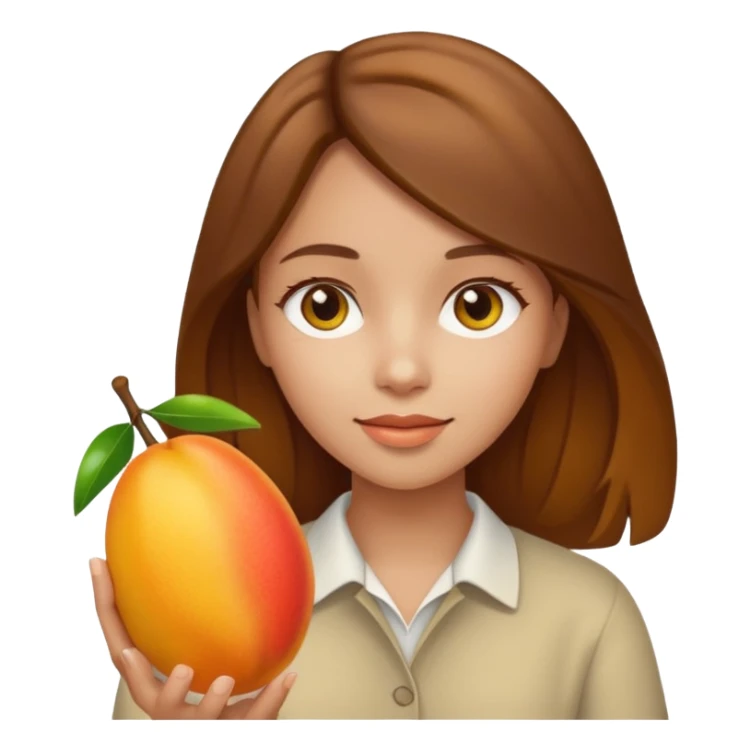 A brown hair girl holding a mango sticker